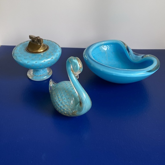 VTG Italy Alfredo Barbini MURANO GLASS Blue & Gold Leaf Ashtray & Lighter & Swan - Picture 3 of 12
